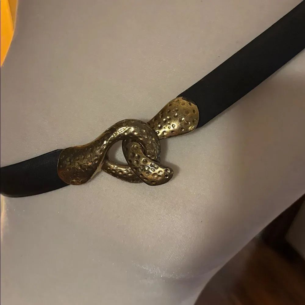 Chico's Hammered Brass & Black Leather  Hook Belt - S/M